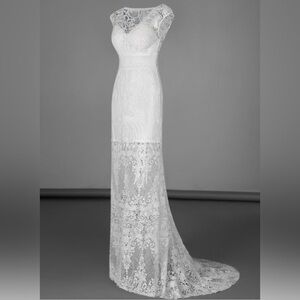 Stunning Sheilay White Lace Gown with Train – Size M Wedding Evening Party
